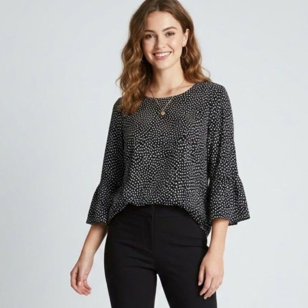 Elle Black White Polka Dot Bell Sleeve Twee Minimalist Preppy Blouse Size Small